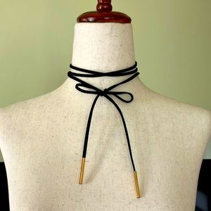Long Faux Leather Tie Choker with Gold Metal Caps